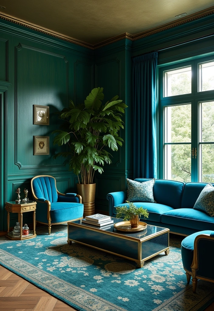 23+ Blue and Green Living Room Ideas - 10. Art Deco Inspiration