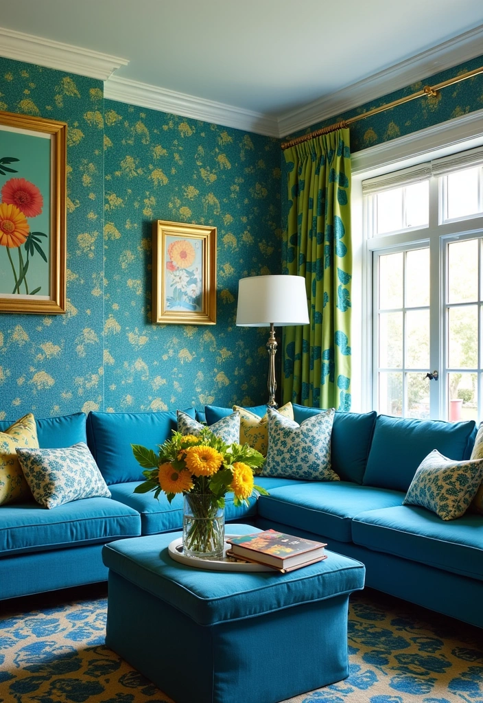 23+ Blue and Green Living Room Ideas - 12. Bold Patterns