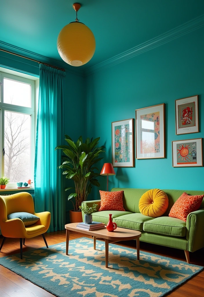 23+ Blue and Green Living Room Ideas - 15. Retro Revival