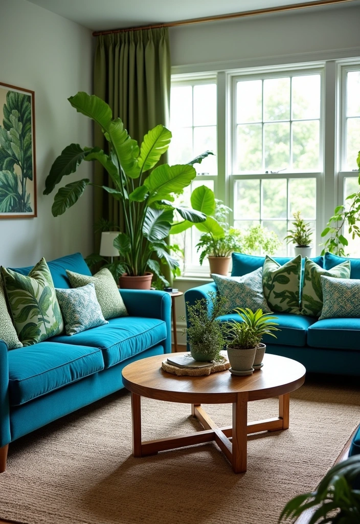 23+ Blue and Green Living Room Ideas - 4. Botanical Bliss