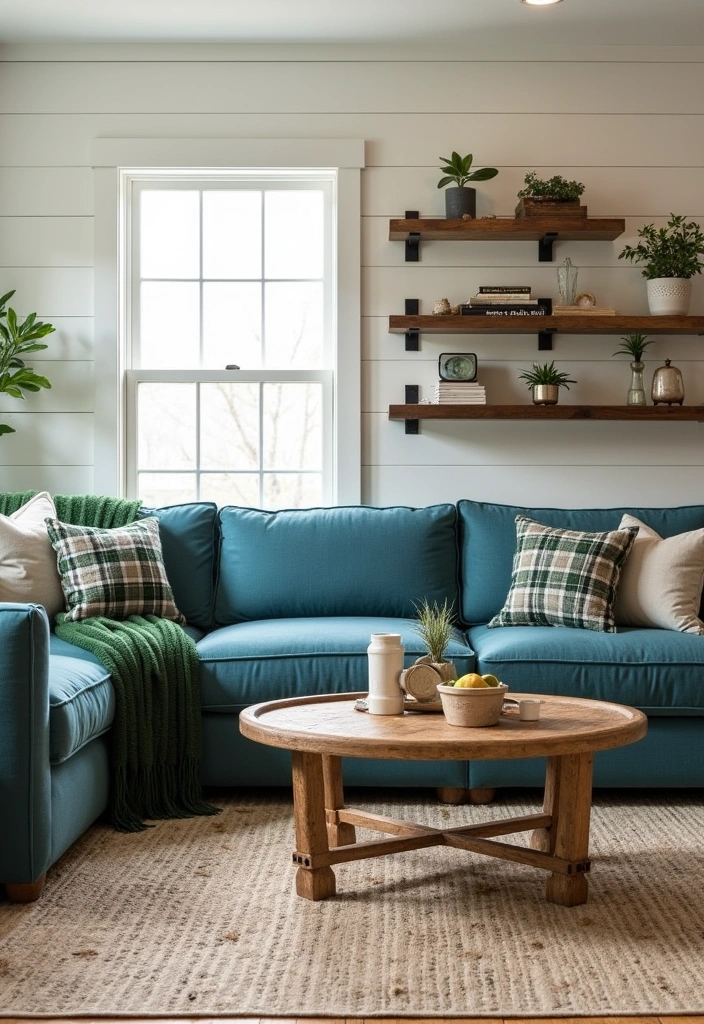 23+ Blue and Green Living Room Ideas - 6. Modern Farmhouse