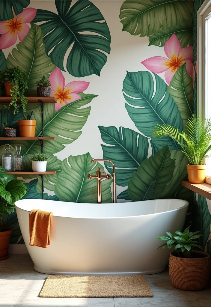 23+ Bold and Beautiful Bathroom Wallpaper Ideas - 1. Tropical Paradise