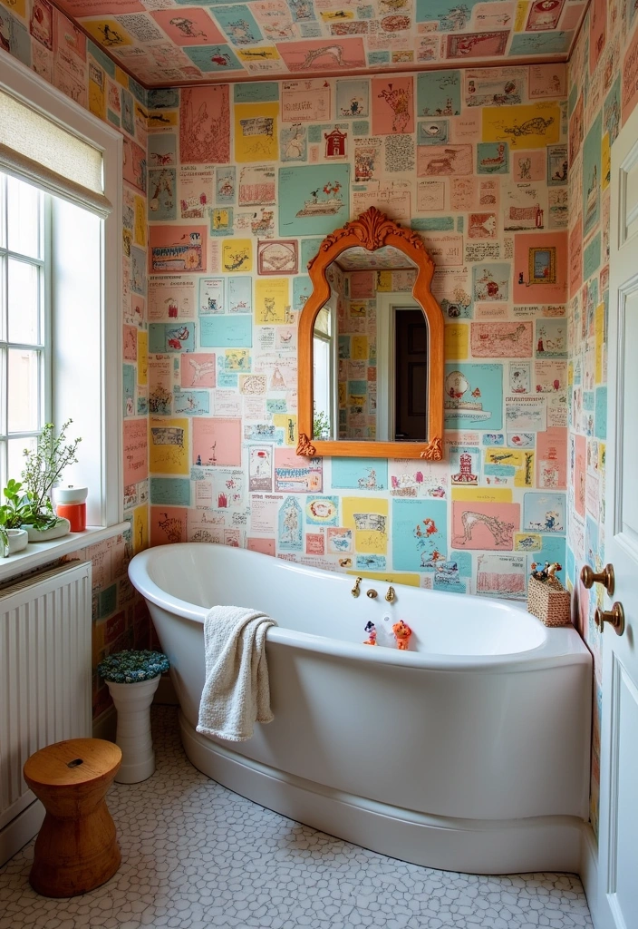 23+ Bold and Beautiful Bathroom Wallpaper Ideas - 13. Colorful Collage