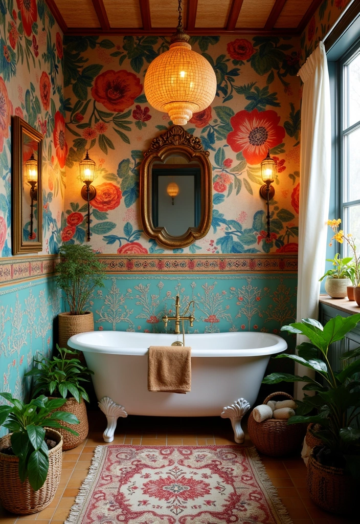 23+ Bold and Beautiful Bathroom Wallpaper Ideas - 15. Eclectic Bohemian