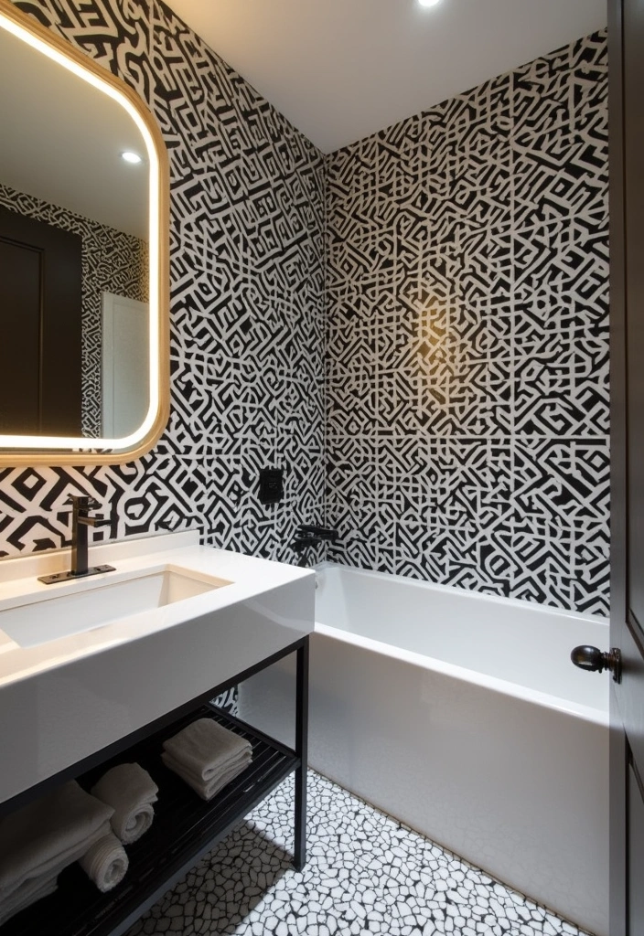 23+ Bold and Beautiful Bathroom Wallpaper Ideas - 2. Geometric Glam