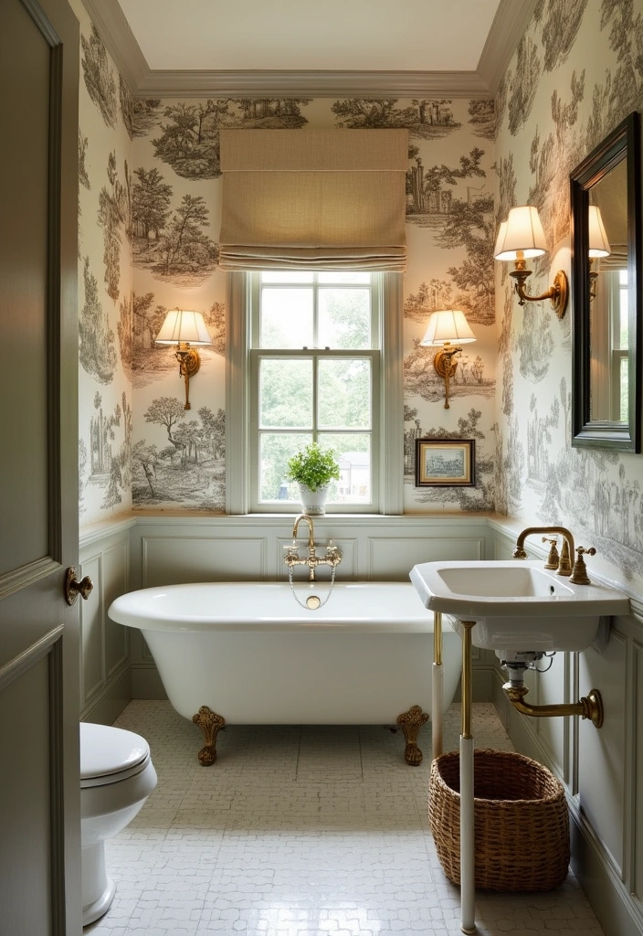 23+ Bold and Beautiful Bathroom Wallpaper Ideas - 9. Classic Toile