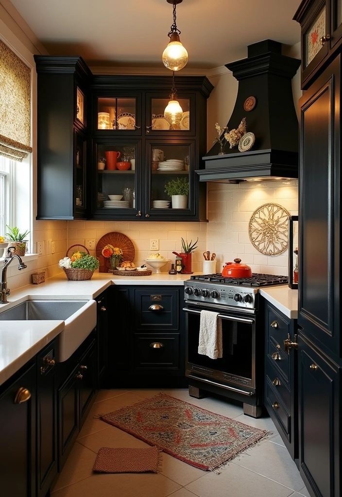 23+ Chic Black Kitchen Cabinet Ideas - 11. Vintage Revival