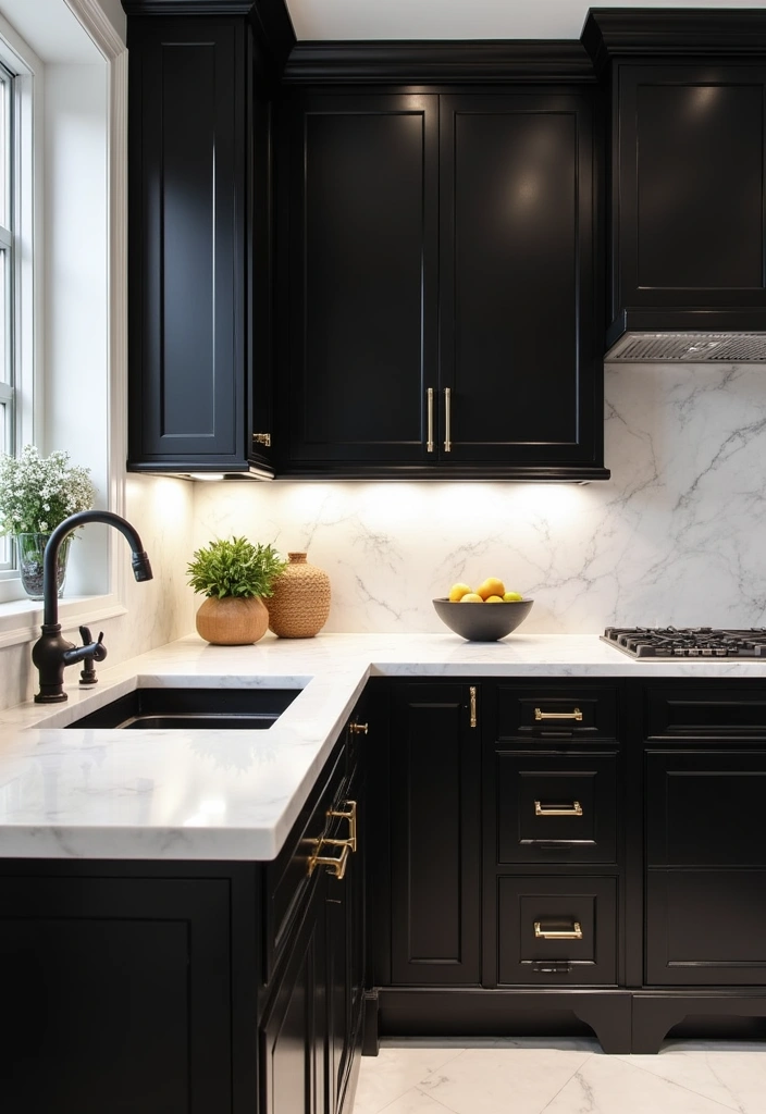 23+ Chic Black Kitchen Cabinet Ideas - 12. White Marble Accents