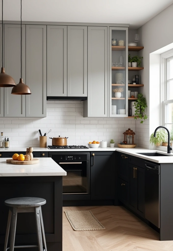 23+ Chic Black Kitchen Cabinet Ideas - 13. Trendy Two-Tone