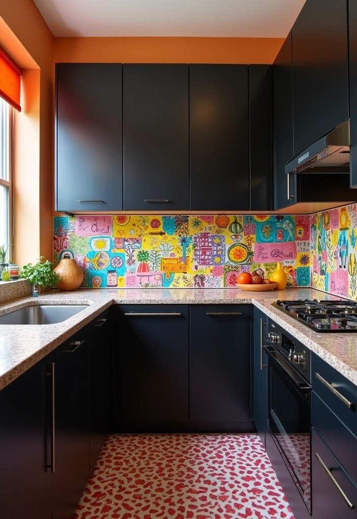 23+ Chic Black Kitchen Cabinet Ideas - 15. Artistic Backsplashes