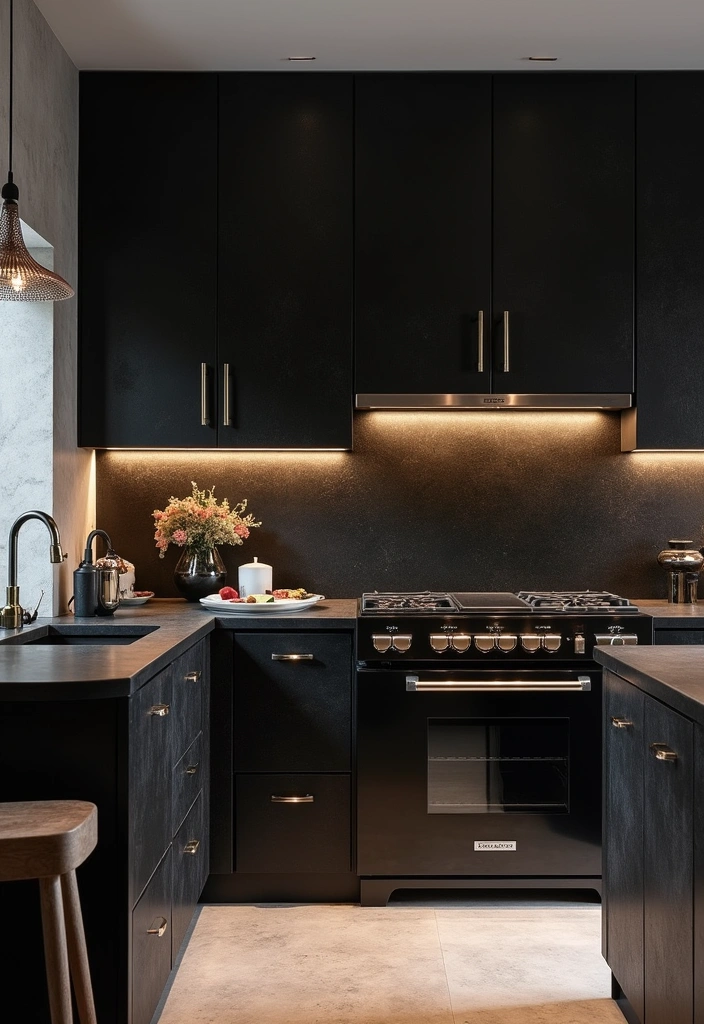 23+ Chic Black Kitchen Cabinet Ideas - 18. Luxe Textures