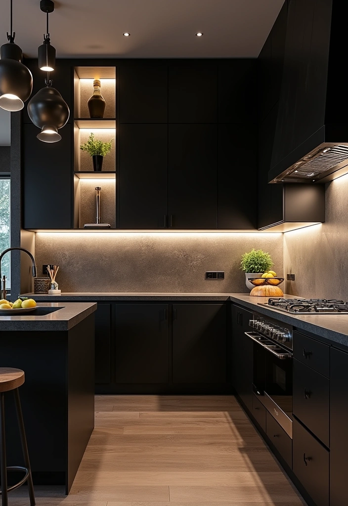 23+ Chic Black Kitchen Cabinet Ideas - 20. Statement Lighting