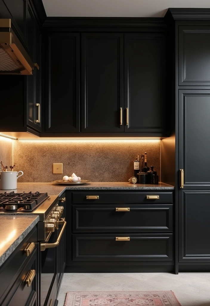 23+ Chic Black Kitchen Cabinet Ideas - 9. Elegant Gold Touches