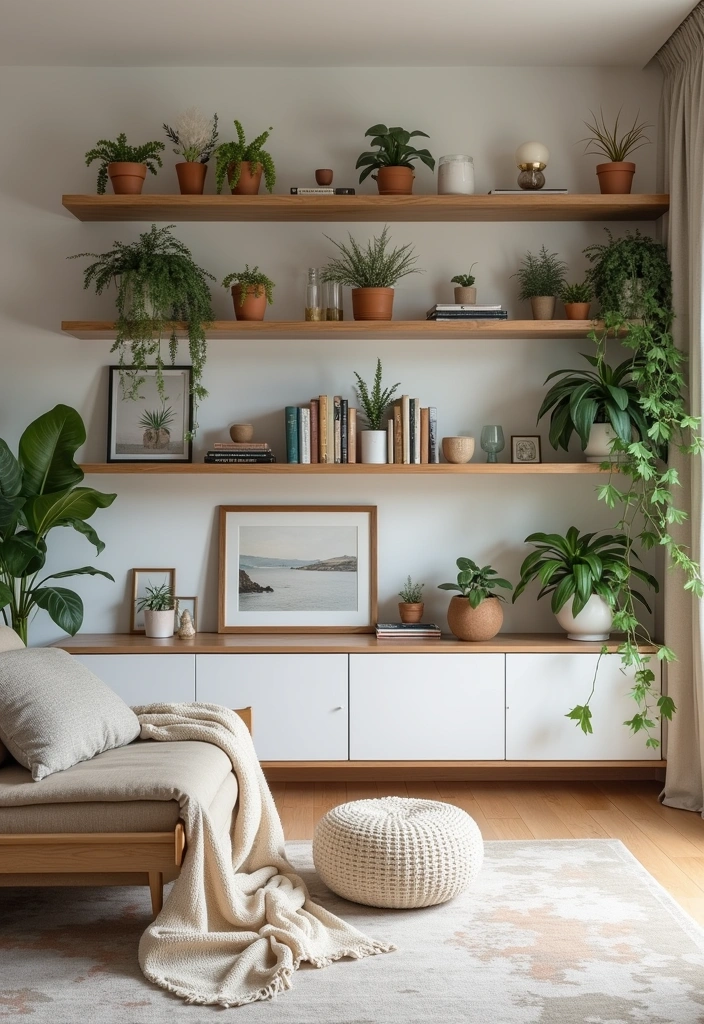 23+ Earthy Living Room Ideas - 12. Open Shelving