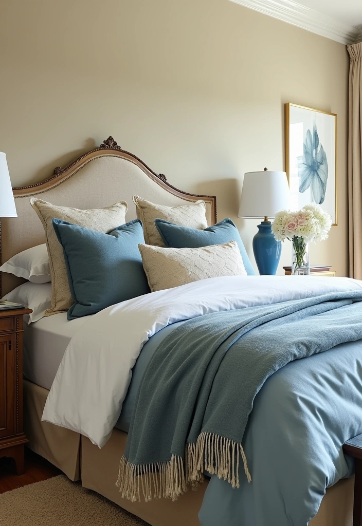 23+ Fresh Elegant Blue and Cream Bedroom Ideas - 11. Sophisticated Layering