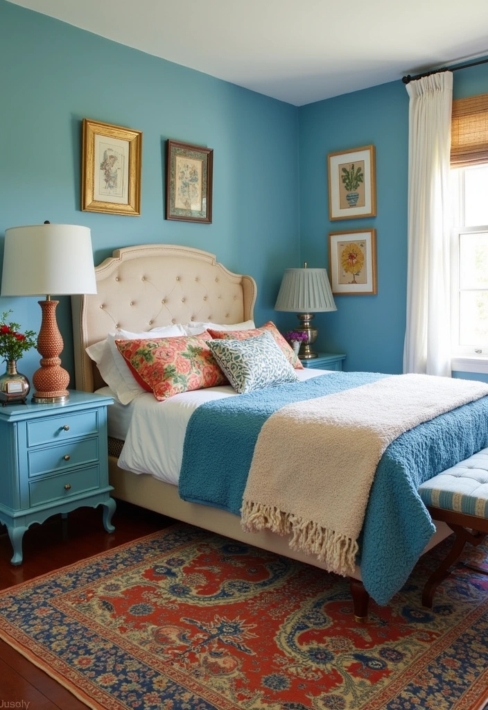 23+ Fresh Elegant Blue and Cream Bedroom Ideas - 14. Eclectic Mix