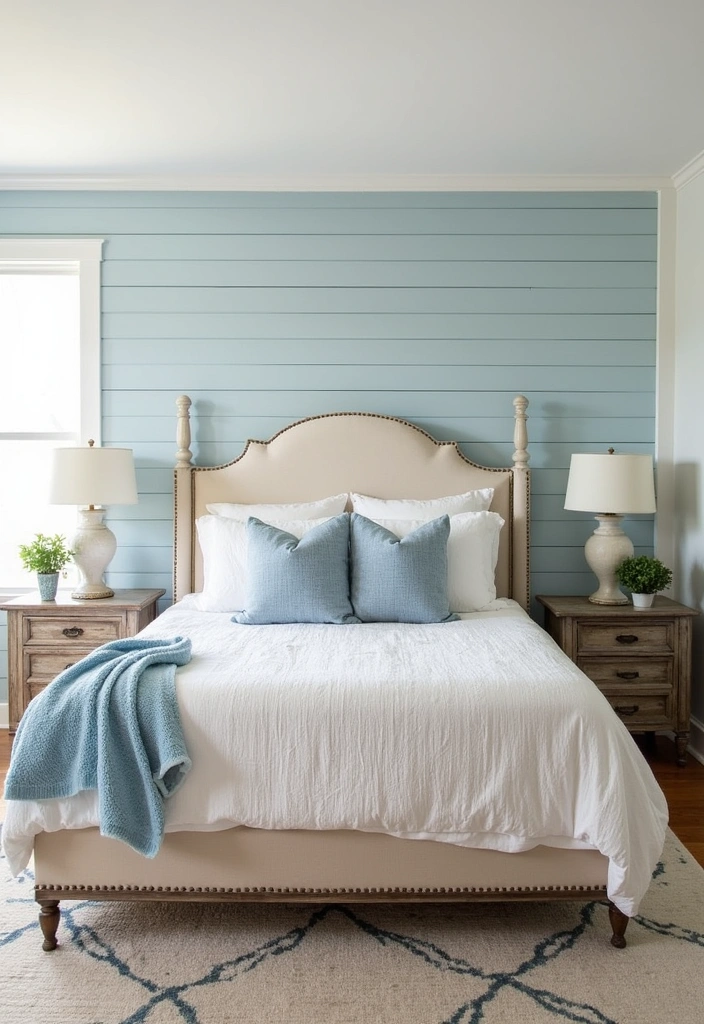 23+ Fresh Elegant Blue and Cream Bedroom Ideas - 5. Elegant Farmhouse Fusion