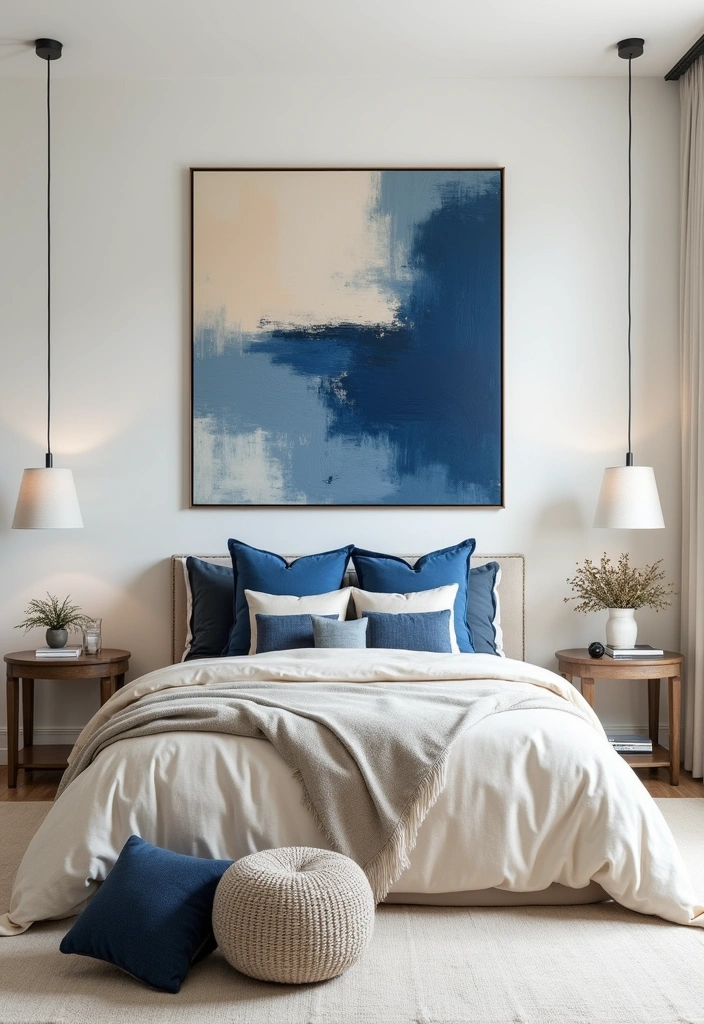 23+ Fresh Elegant Blue and Cream Bedroom Ideas - 7. Artistic Expressions