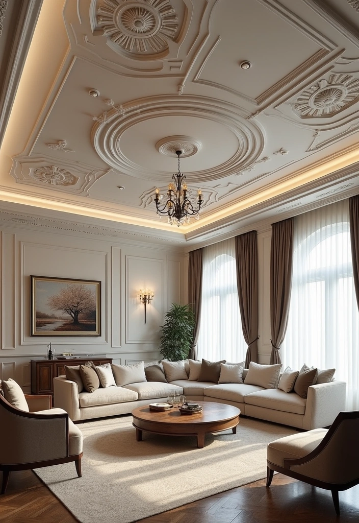 23+ Neoclassical Living Room Concept Ideas - 20. Unique Ceiling Treatments