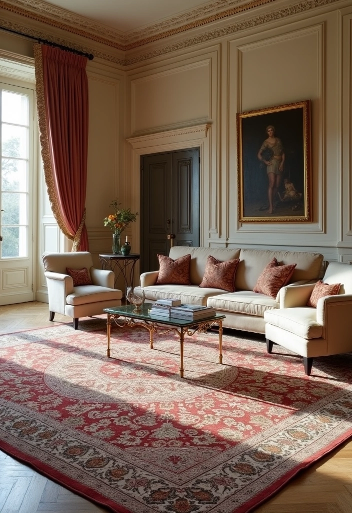 23+ Neoclassical Living Room Concept Ideas - 7. Rich Layered Rugs