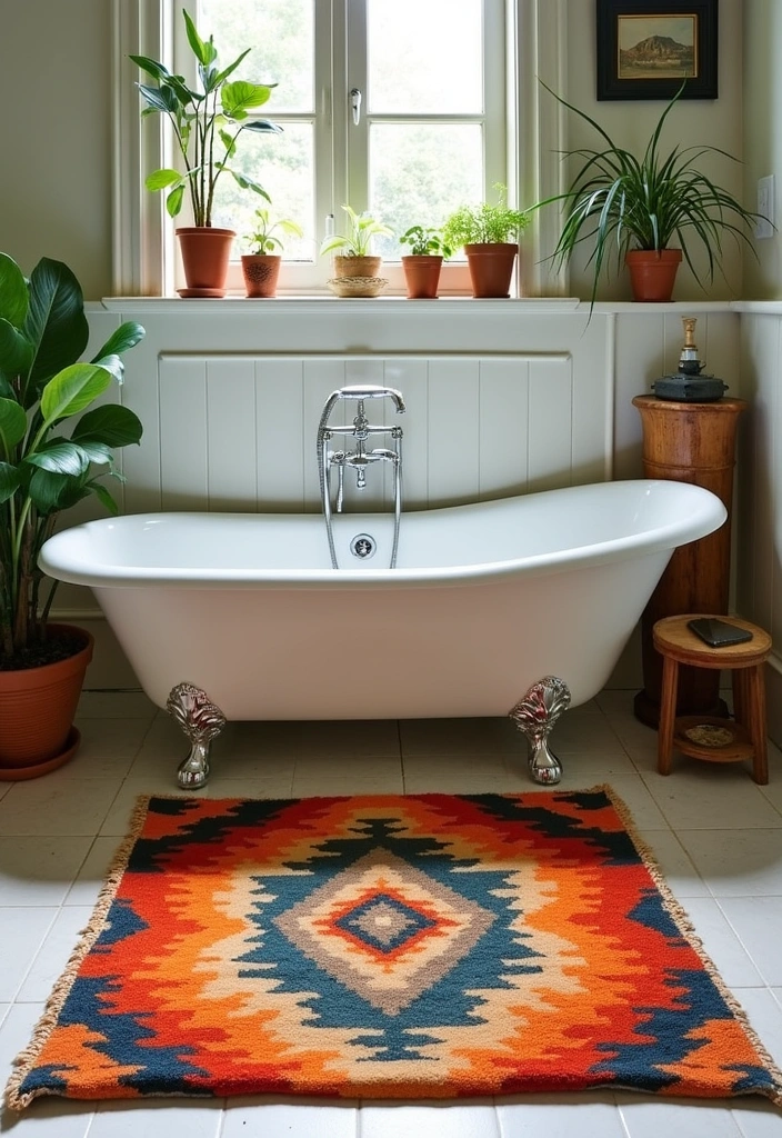 23+ Retro Bathroom Ideas: Unique Fixtures & Accents - 13. Retro Rugs: Comfort Meets Style