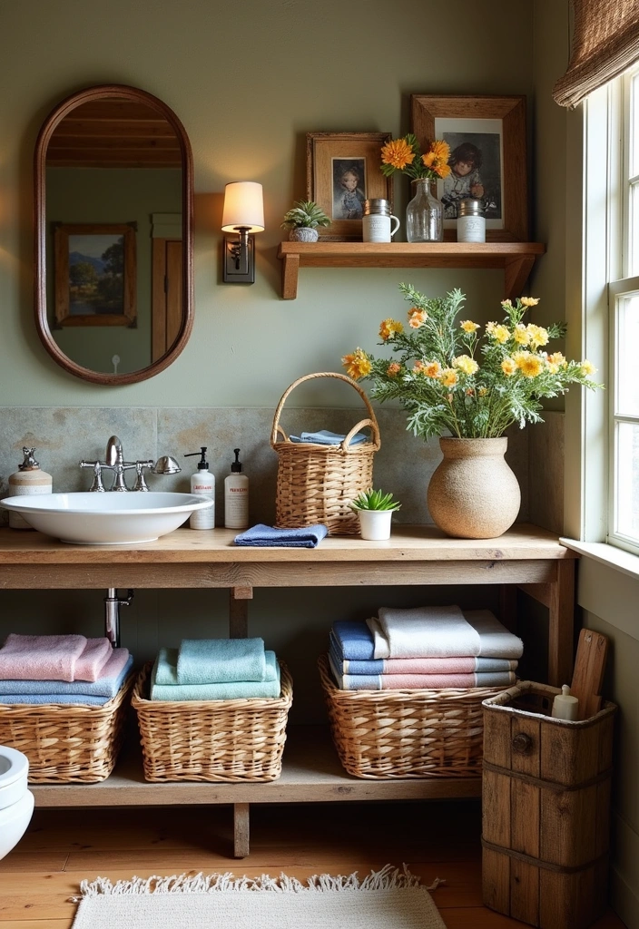 23+ Retro Bathroom Ideas: Unique Fixtures & Accents - 17. Woven Baskets: Rustic Charm and Organization