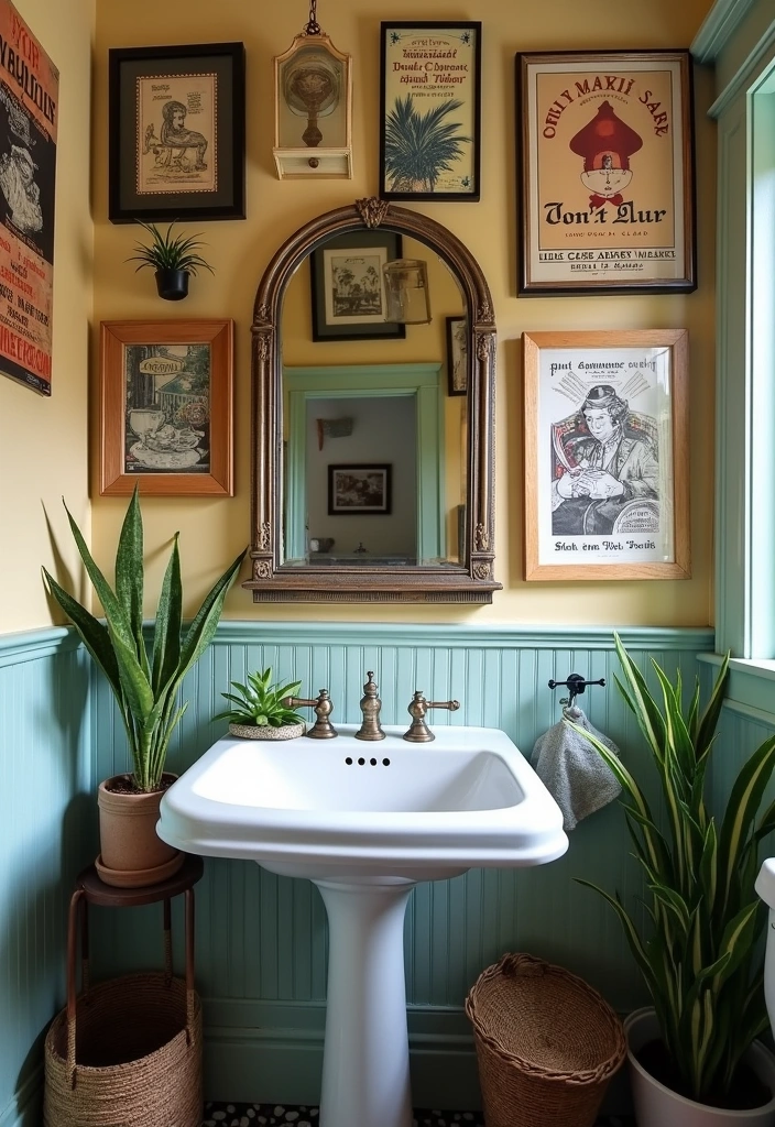 23+ Retro Bathroom Ideas: Unique Fixtures & Accents - 18. Vintage Artwork: Adding Personal Touches