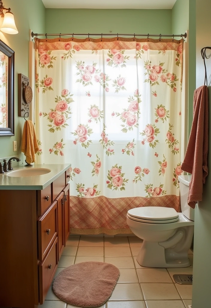 23+ Retro Bathroom Ideas: Unique Fixtures & Accents - 7. Vintage Fabrics: Textiles That Tell a Story
