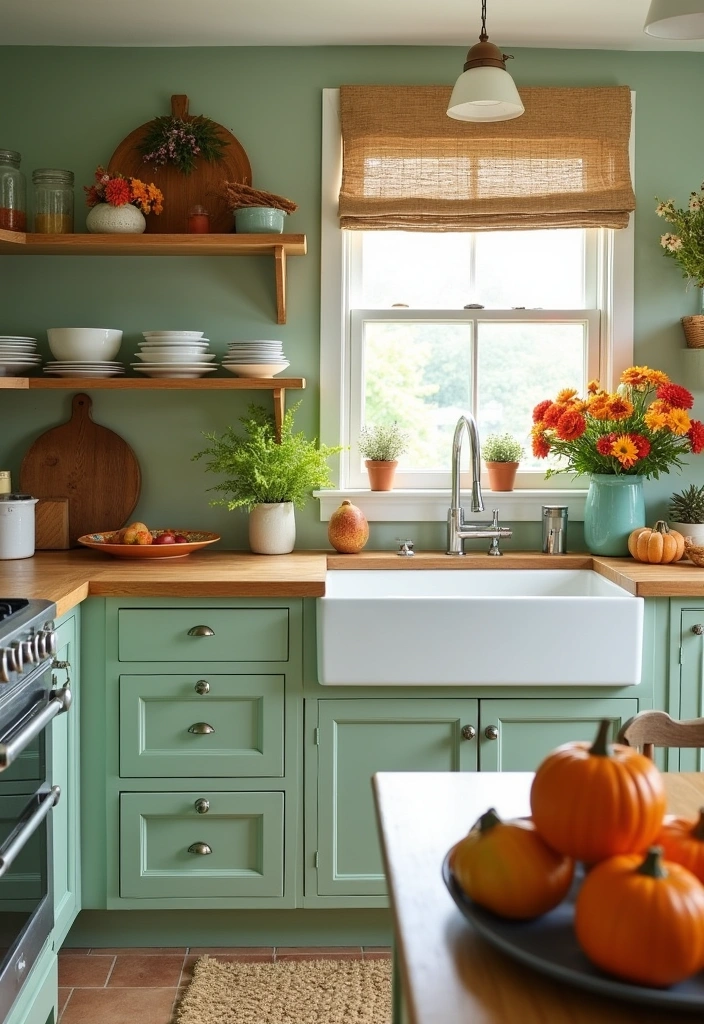 23+ Sage Green Kitchen Ideas: A Fresh Take on Interior Decor - 15. Seasonal Decor for a Sage Green Kitchen