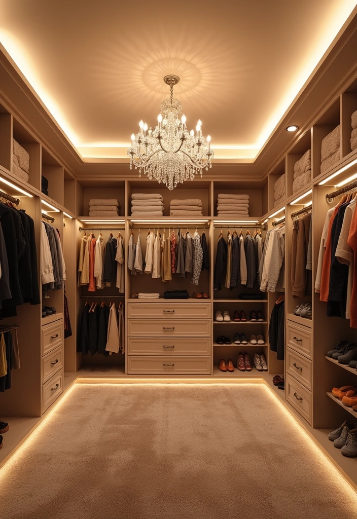 23+ Walk-in Closet and Wardrobe Ideas to Transform Your Space - 2. Luxe Lighting Fixtures