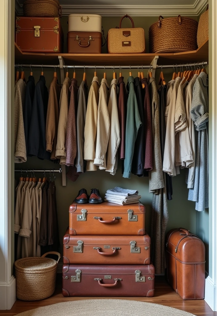 23+ Walk-in Closet and Wardrobe Ideas to Transform Your Space - 20. Vintage Suitcases as Storage