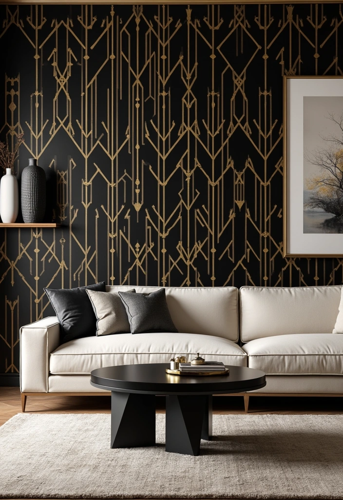 24+ Art Deco Living Room Concept Ideas - 2. Geometric Patterns Galore