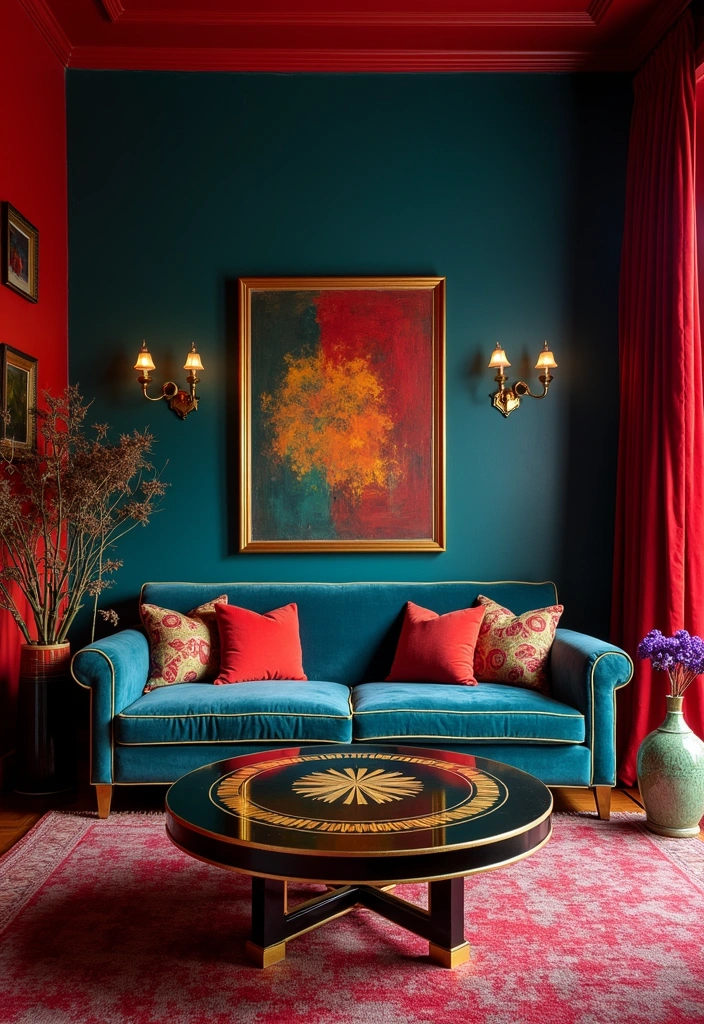 24+ Art Deco Living Room Concept Ideas - 4. Bold Color Palettes