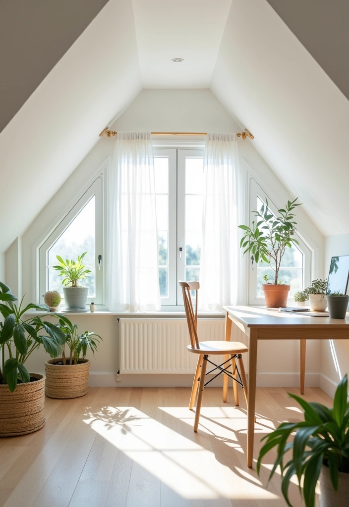 24+ Chic and Functional Attic Office Ideas - 5. Bright and Airy Workspace