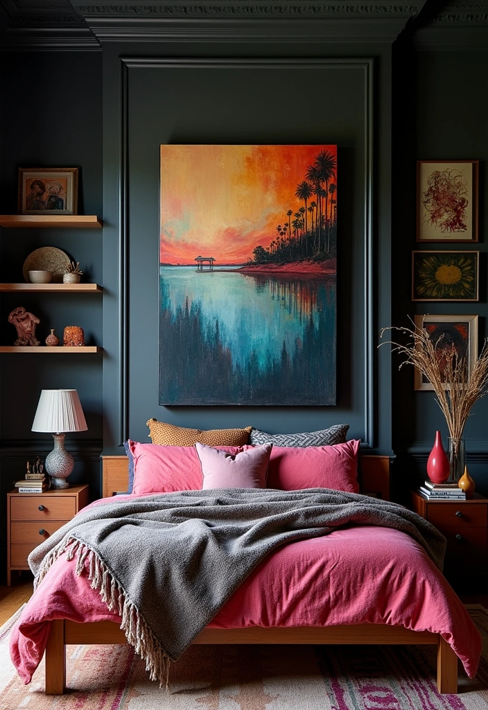 24+ Dark Boho Bedroom Ideas - 15. Artistic Touches