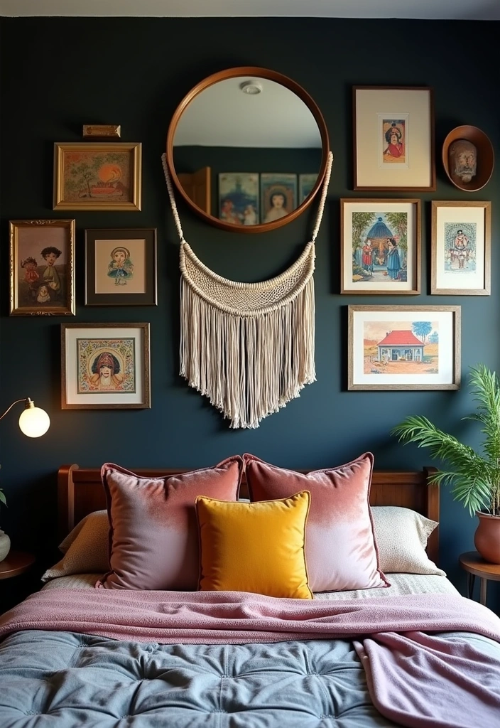 24+ Dark Boho Bedroom Ideas - 5. Art and Wall Decor