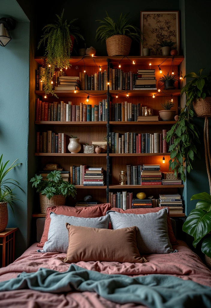 24+ Dark Boho Bedroom Ideas - 8. Curated Bookshelves