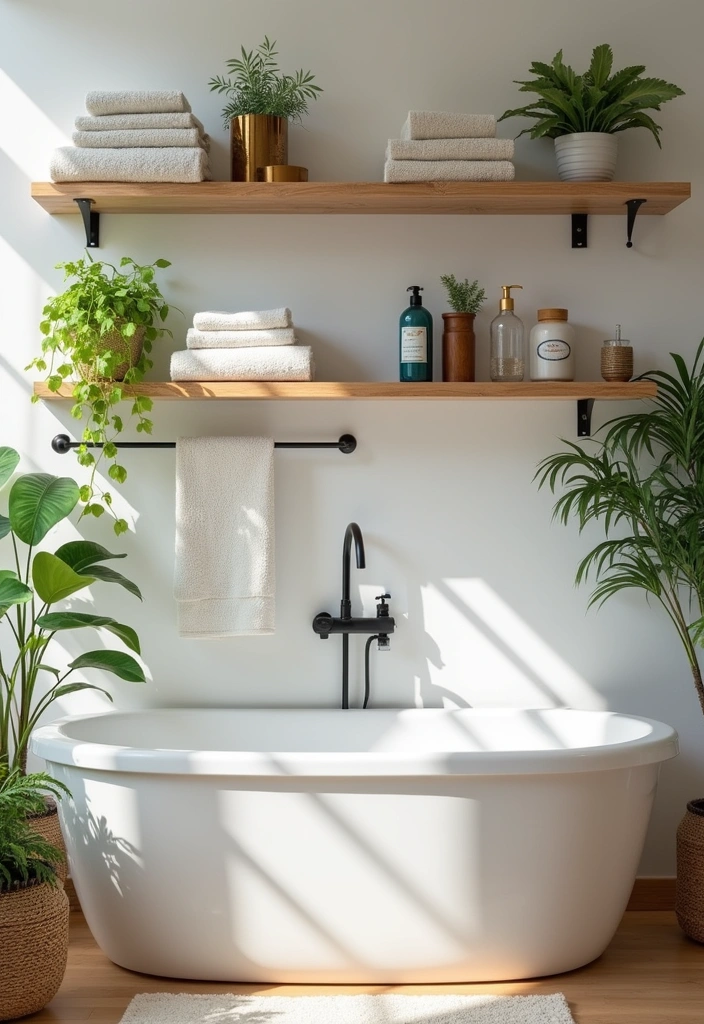 24+ Earthy Bathroom Ideas - 13. Open Shelving