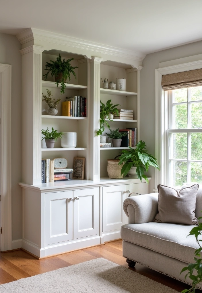 24+ Modern Cottage Living Room Ideas - 11. Opt for Built-in Shelving