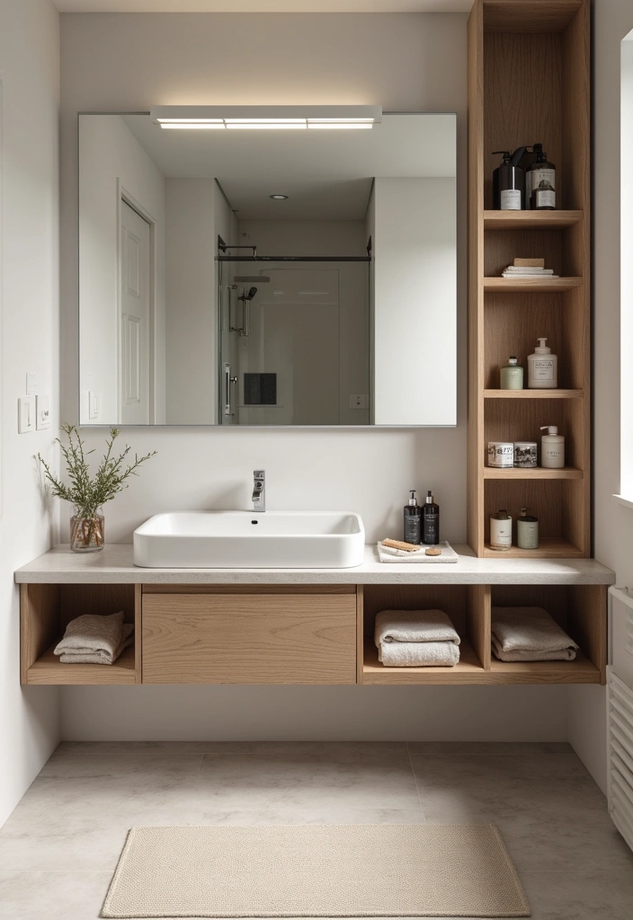 24+ Organic Modern Bathroom Ideas - 13. Integrated Storage Solutions