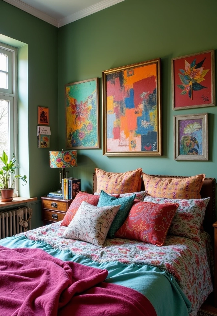 24+ Sage Green Bedroom Ideas - 10. Artistic Fusion