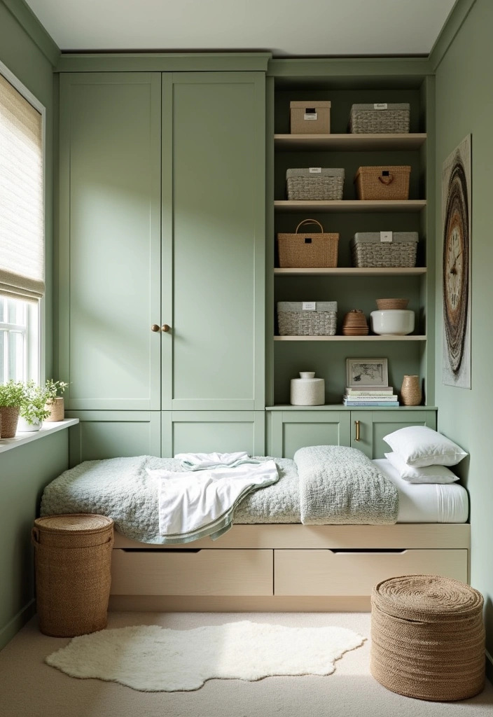 24+ Sage Green Bedroom Ideas - 15. Smart Storage Solutions