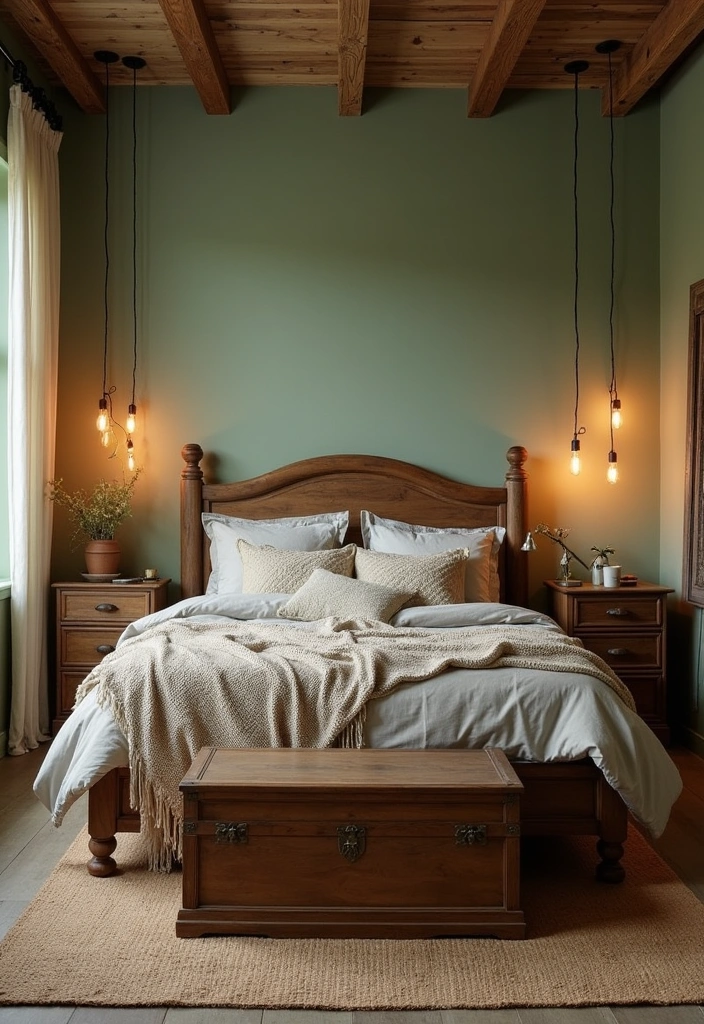 24+ Sage Green Bedroom Ideas - 3. Rustic Charm