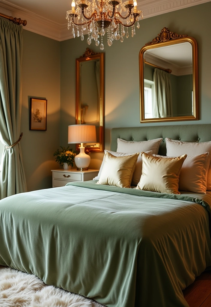 24+ Sage Green Bedroom Ideas - 4. Luxurious Retreat