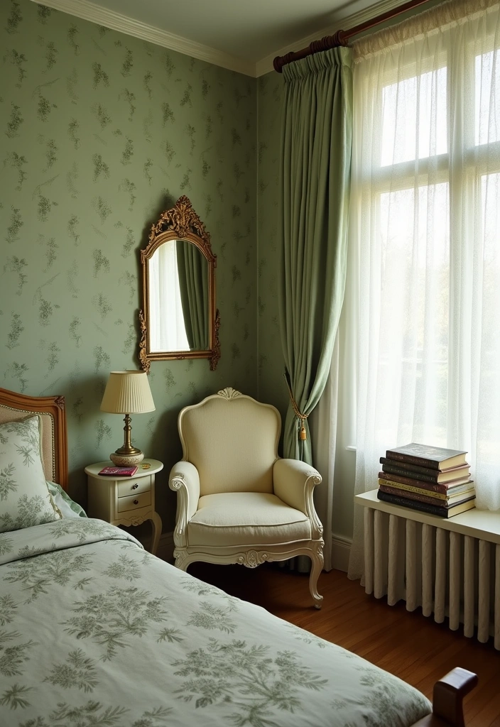 24+ Sage Green Bedroom Ideas - 7. Vintage Elegance
