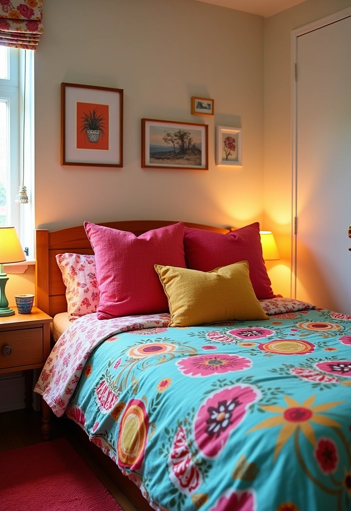 24+ Stunning Small Bedroom Ideas to Maximize Space and Style - 20. Use Colorful Bedding