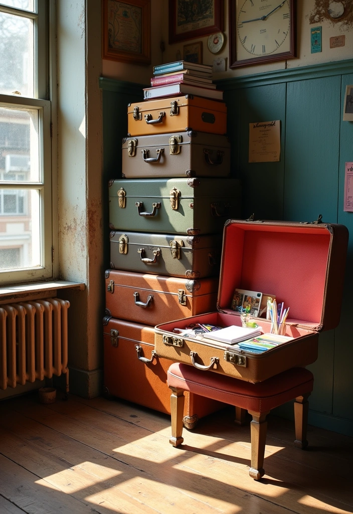 24+ Vintage Office Ideas to Boost Your Productivity and Style! - 1. Repurposed Vintage Suitcases
