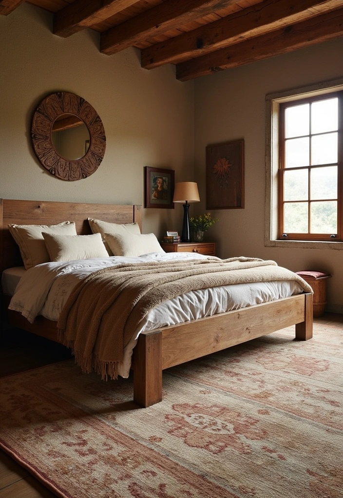 25+ Beautiful Rustic Bedroom Ideas - 14. Statement Rugs