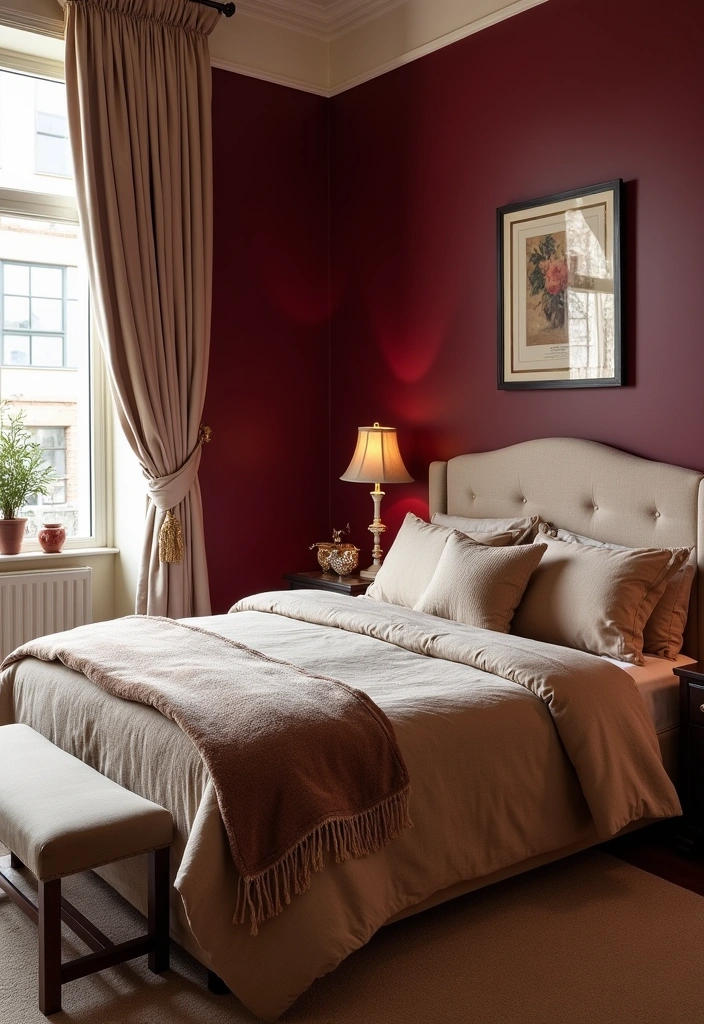 25+ Bedroom Color Scheme Ideas - 12. Rich Burgundy and Cream