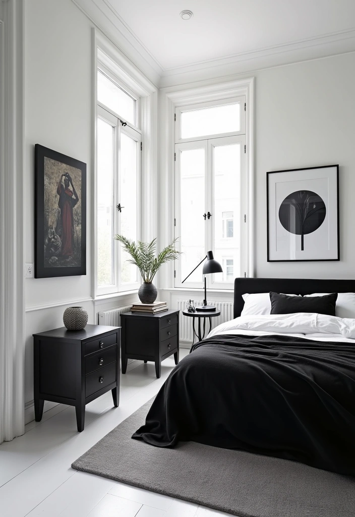 25+ Bedroom Color Scheme Ideas - 18. Bright White and Bold Black